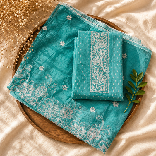 Embroidered Aqua Blossom Unstitched Suit