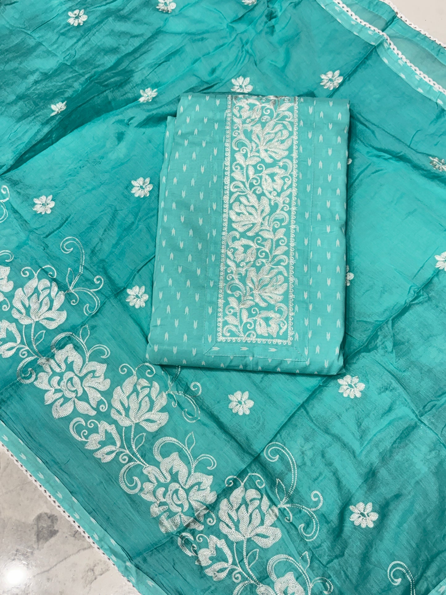 Embroidered Aqua Blossom Unstitched Suit
